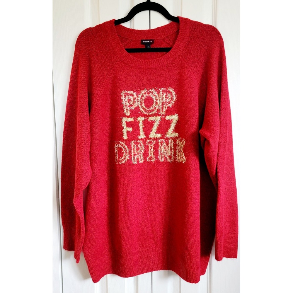 Torrid 3 Pop Fizz Drink Tinsel Sweater Plus 3X Red Gold Holiday Champagne ‎ NWOT
